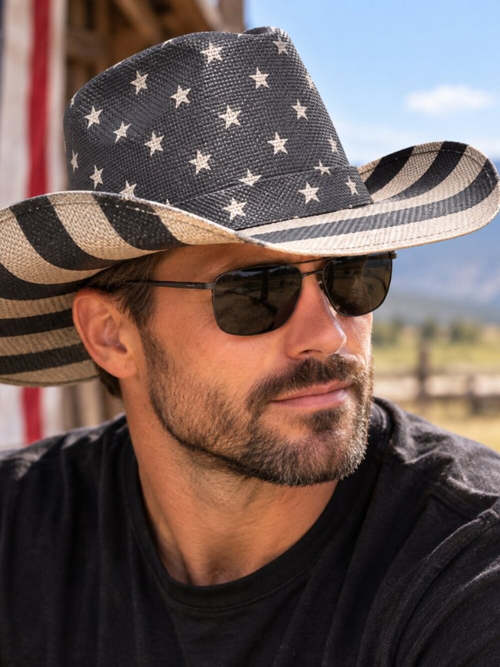 NWT: PUGS Apparel Distressed American Flag Straw Cowboy Hat